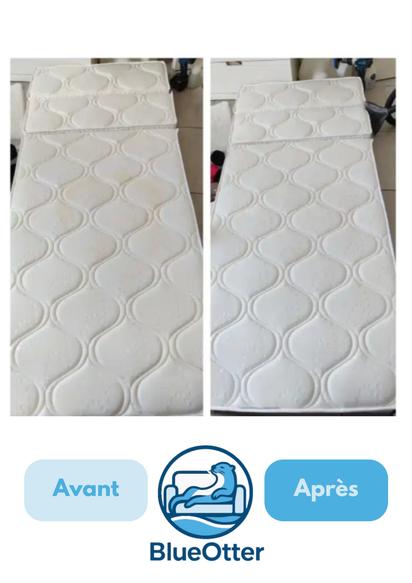 Avant après nettoyage matelas enfant taches urine BlueOtter